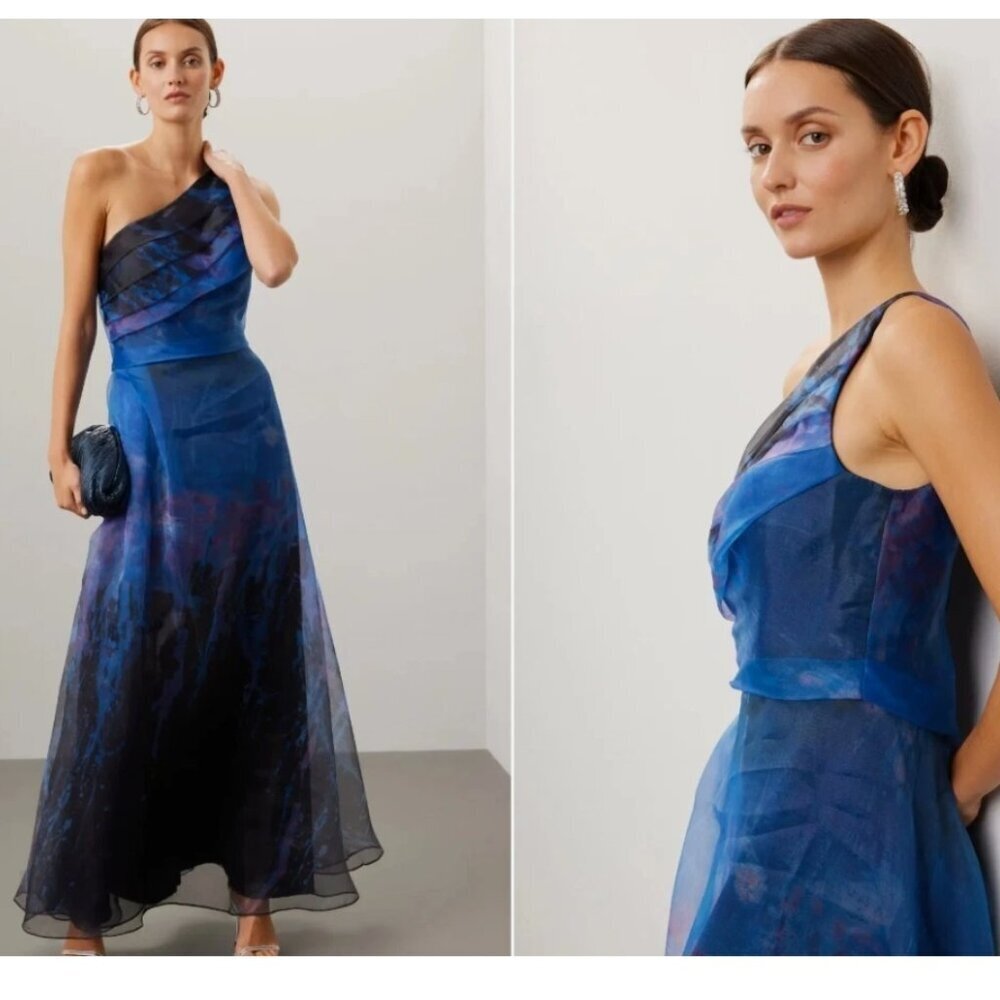 Rene Ruiz Organza Gown Maxi One-Shoulder Chiffon Blue Size 2 *READ FLAW*